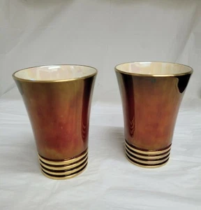 ANTIQUE Carlton Ware Rouge Royale Set of 2 Vase Gold Accents 4 Ring Collar Base - Picture 1 of 12