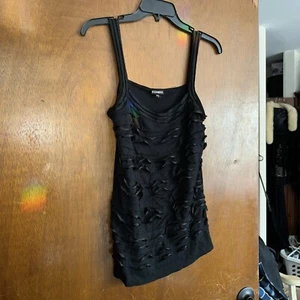 Express Top Medium Black Satin Ruffle Tiered Layered Cami Tank Blouse Sheer Back - Picture 1 of 8