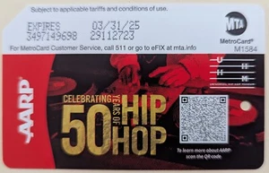 AARP HIP HOP, celebrating 50 Yrs MetroCard-Expired Mint - Picture 1 of 2