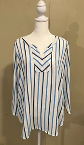 Blusa Top Van Heusen Cuello en V Para Mujer Rayas Azul Blanco Grande L Usada en Excelente Condición - Imagen 1 de 5