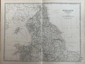 1886 NORTH ENGLAND & WALES ORIGINAL ANTIQUE HAND COLOURED MAP BY JOHNSTON - Picture 1 of 3