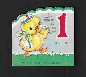 unbenutzt Vintage 1946 Pop-Up Rost Gruß GEBURTSTAG HUT FÜR SIE 1 JAHR ALT Karte Ente - Bild 1 von 6