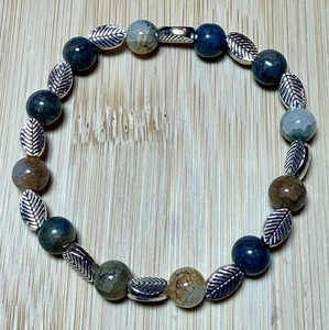 Moss Agate Stretch Bracelet W/Silver Toned Leaf Accents - Picture 1 of 5