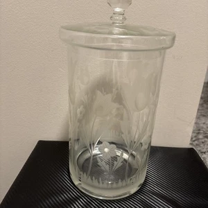 VTG Crystal Tall Biscuit Cookie Jar Frosted Tulips Floral 70’s With Lid - Picture 1 of 6