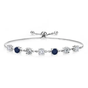 2.71 Ct Round E-F Lab Grown Diamond Blue Sapphire 925 Sterling Silver Bracelet - Picture 1 of 3