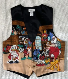 Gilet natalizio vintage The Disney Store pura seta Babbo Topolino e la banda S/M - Foto 1 di 6
