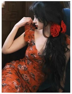 Women Red Black Rose Printed Dress 2PC Set Black Slip Included - Picture 1 of 14