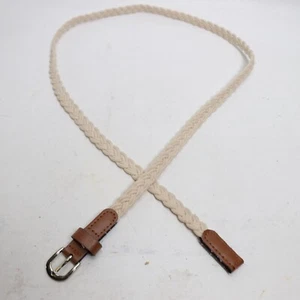 Summer Braided Skinny Belt Large Ivory Cotton Faux Leather Trim Gold Tone Buckle - Picture 1 of 7