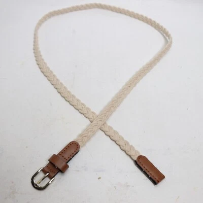 Summer Braided Skinny Belt Large Ivory Cotton Faux Leather Trim Gold Tone Buckle - Image 1 of 4