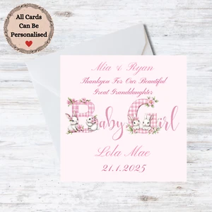 Personalisierte Geburtskarte Baby Mädchen Urgroßeltern - personalisierbare Namen & Datum - Bild 1 von 1