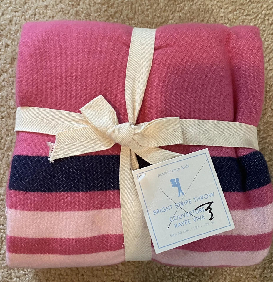 Pottery Barn Kids Tiro a Rayas Brillantes 50x60” Rosa Caliente Azul Púrpura Rayas Blancas Foto 1 de 4