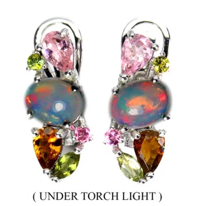 925 Sterling Silver Earrings Oval Fire Opal Sapphire Tourmaline Gemstone - Picture 1 of 9