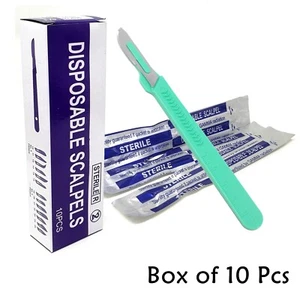 10 DISPOSABLE STERILE SURGICAL SCALPELS #20 WITH GRADUATED PLASTIC HANDLE - Picture 1 of 3