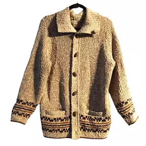 Vintage Tundra 100% Wool Cardigan Sweater Medium Tan Brown Toggle Buttons Canada - Picture 1 of 6