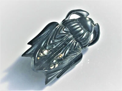 BELLE PETITE BROCHE SCARABEE ANCIENNE 1920/30 en CELLULOÏD NOIR et MARCASSITE - Photo 1/4
