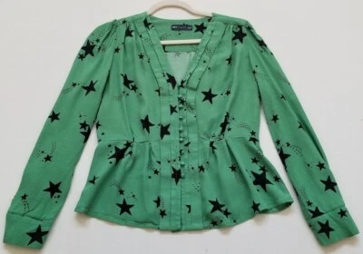Marks & Spencer Peplum Blouse Women 6 Green Black Star Long Sleeve Top Button Up - Image 1 of 4