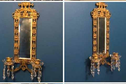 Antique Beveled Mirror Wall Sconce Lot of 2 Gilded Candle Holder Crystal  FISH Cover