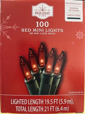 HOLIDAY TIME 100 CHRISTMAS RED MINI LIGHTS GREEN WIRE INDOOR / OUTDOOR BRAND NEW - Image 1 of 4