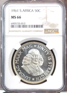 1961 SOUTH AFRICA SILVER 50 CENTS UNITY IS STRENGTH NGC MS 66 BEAUTIFUL GEM COIN - Picture 1 of 3