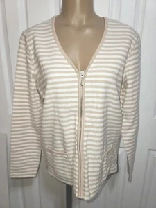 Classic Elements Sweater Sz M Zipper Front Pockets Casual White Beige Stripe sb4 - Picture 1 of 8