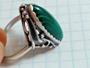 Vintage Ring Silver 925 Natural Malachite Green Stamp Trident Jewelry Rare Women - Picture 1 of 7