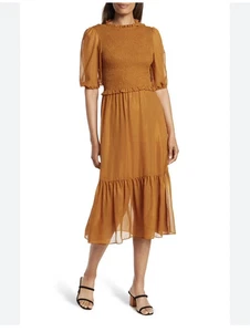 Nuevo con etiquetas Vestido Nanette Lepore Midi 8 Medieval Dorado En Niveles Volantes Manga Abullonada - Imagen 1 de 12