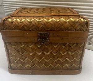 Vintage Lidded Wicker Basket with Brass Accents Handles - Picture 1 of 10