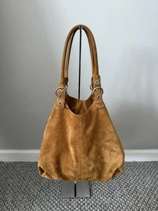 PRADA Brown Suede Hobo Shoulder Bag With Enameled Triangular Metal Logo - Picture 1 of 18