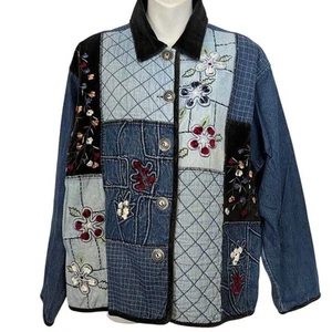 New Directions Denim Patchwork Quilted Velvet Embroidered Jean Jacket Vintage XL - Picture 1 of 17
