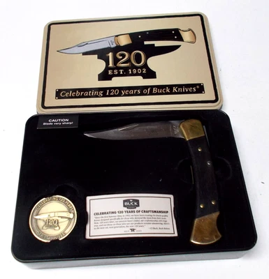 Cuchillo Buck 110 2022 120 aniversario bloqueo, nuevo con moneda en lata Foto 1 de 4