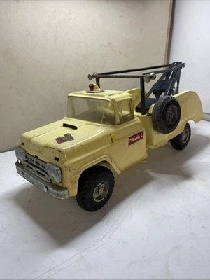 Vtg Buddy L Wrecker Tow Truck Press Steel 1960s Yellow Fix My Flat Toy Truck - Image 1 of 4