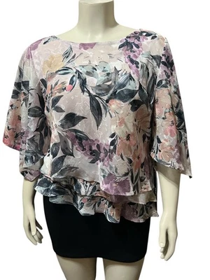 NWT Alex Evenings Size XLP 3/4 Sleeve Printed Chiffon Burnout Blouse Asymmetric - Image 1 of 4