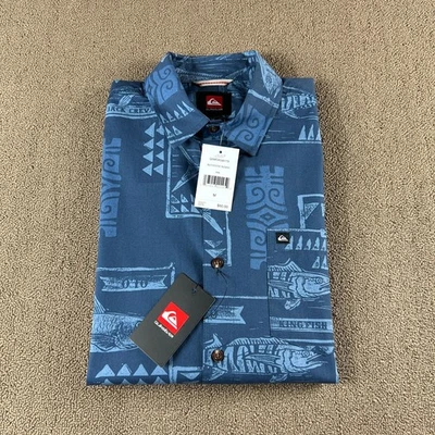 Quicksilver Men's Short Sleeve Button Up Shirt Blue Fish Size M NWT MSRP $60 - Image 1 of 4