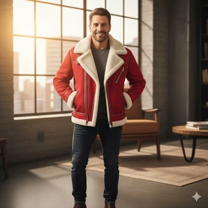 Red Shearling Jacket Men's/Women's Sheepskin Aviator Coat Warm Winter Outwear - Picture 1 of 5