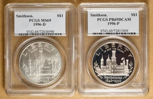 1996 P Smithsonian Commemorative Silver Dollars PCGS PR69DCAM & MS69 - Picture 1 of 2