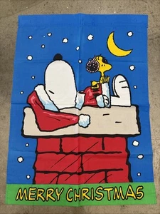 Peanuts Snoopy On The Chimney Flag Banner Yard Christmas Sign Linen Doublesided - Picture 1 of 3