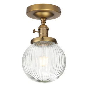 Industrial Loft Round Ribbed Glass Pendant Ceiling Light Semi Flush Mount Lamp - Picture 1 of 34