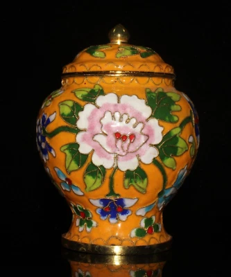 12cm Exquisita Cobre Cloisonne Esmalte Flor Almacenamiento Maceta General Tarro Tanque Foto 1 de 4