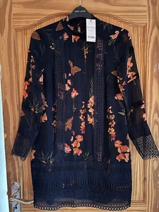 NEXT. SIZE 12. NAVY BLUE FLOWERED FLORAL LONG SLEEVED DRESS - Picture 1 of 11