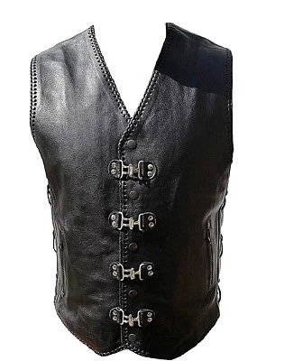 Motorcycle Biker Leather Vest Clip Motorbike Rider Waistcoat Braid Leather Vest — 第 1/3 张图片