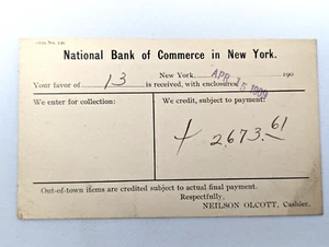 Vintage 1909 National Bank of Commerce New York Statement Receipt Postcard D-5 - Picture 1 of 3