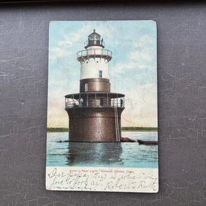 LIGHTHOUSE POSTCARD Green's Reef Light Norwalk Harbor CT 1905 UND S. Laugsdorf - Picture 1 of 3