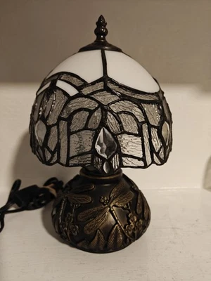 Tiffany Style Mini Table Lamp White Silver  Stained Glass Baroque  12"H*8'W - Image 1 of 4