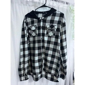 Herren schwarz weiß Buffalo kariert Flanell Kapuze Hemd Jacke Knopfleiste Größe XL - Bild 1 von 3