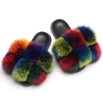 Real Farm Fox Racc00n Fur Slippers Pom Pom Slides Flip Flops Women's Sandals D2 - Image 1 of 4