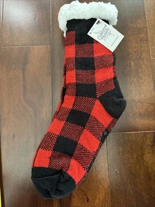 CEDARWOOD THREADS CLOTHING CO. ROT/SCHWARZ BÜFFEL KARIERT FELL GEFÜTTERT HAUSSCHUHE SOCKEN - Bild 1 von 7