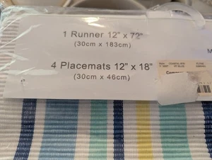 Preppy 100% Cotton Table Runner & 4 Placemats Preppy Blue, Yellow White Striped  - Picture 1 of 7