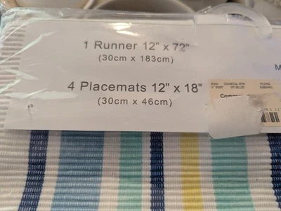 Preppy 100% Cotton Table Runner & 4 Placemats Preppy Blue, Yellow White Striped  - Image 1 of 4