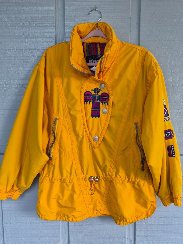 RARE Women's Vintage Kaelin Retro  Aztec Yellow Nylon Bomber Ski Jacket Size 8 - Image 1 of 4