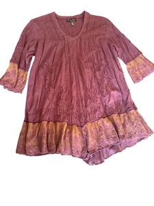 Top túnica de algodón bordado estilo boho Gretty Zuger ribete de encaje XL rosa púrpura - Imagen 1 de 5